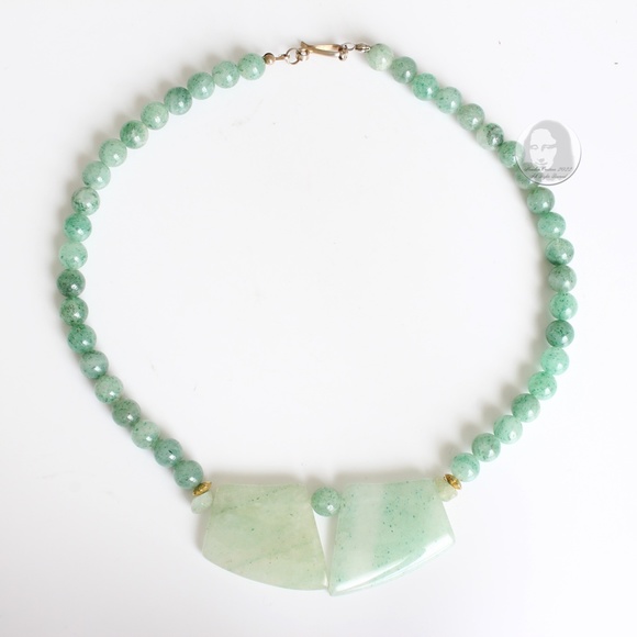 Vintage Necklace Choker Green Jade Stones Abstract & Round Artisan Handmade 80s - Picture 5 of 10